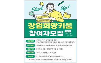 군산시, 창업 희망키움사업‘청년 (예비)창업가’모집